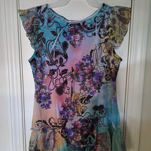 Romantic Top Floral Blouse Turquoise Lg Casual Freedom Short Sleeve Tunic Long - Picture 2 of 12